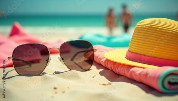 Fototapeta Relaxing summer day on the beach with sunglasses, hat, and colorful towels