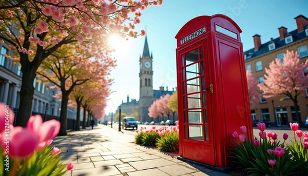 Fototapeta Vibrant spring scene with cherry blossoms and a red telephone booth in a lively urban setting