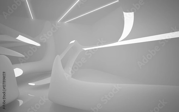 Fototapeta Abstract smooth white interior of the future. Night view from the backlight. Architectural background. 3D illustration and rendering 