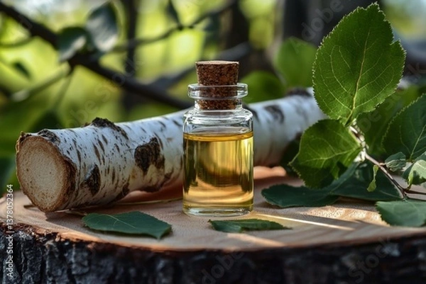 Obraz Essential oil and birch branches create a natural ambiance on a wooden surface.