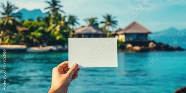 Fototapeta Hand holding blank paper in front of a tropical landscape with palm trees and ocean during bright daylight