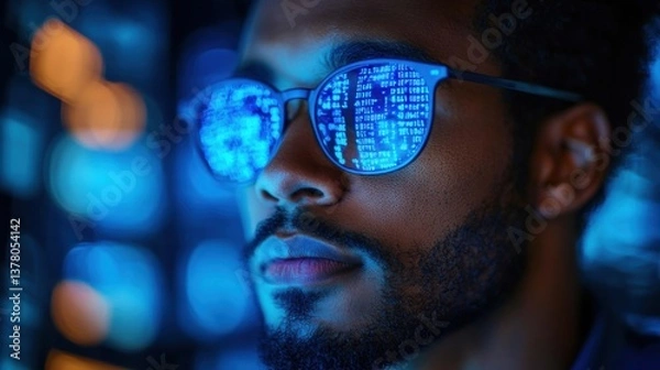 Fototapeta Close-up of a developer’s glasses reflecting code, with blue lighting, showcasing an intense focus on software and IT projects.