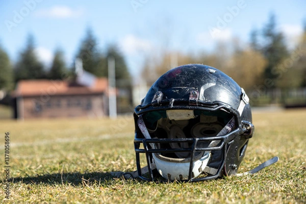 Obraz worn helmet, worn american football helmet and football field, grass and white lines, black helmet