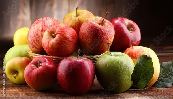 Fototapeta fresh assorted apples on rustic wooden table