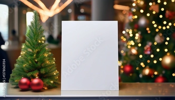 Fototapeta blank white sheet of paper stands on the reception desk against the background with chrismas tree blank mock up for your information