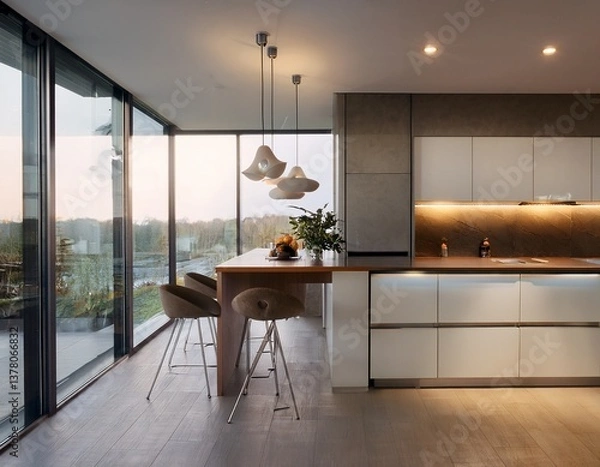 Fototapeta modern kitchen with minimalist design and lighting