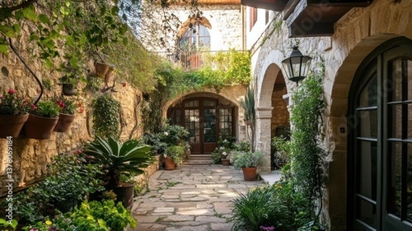 Fototapeta A charming stone courtyard with lush plants and architectural details