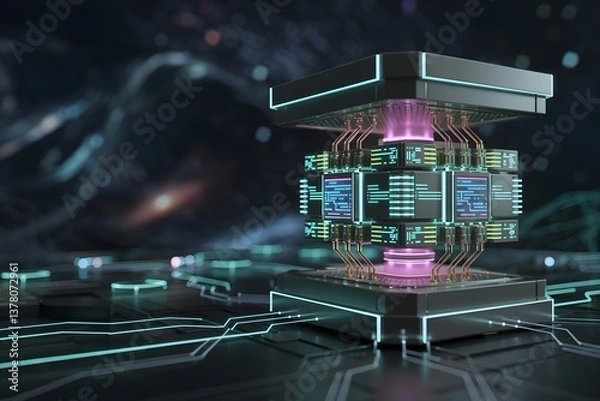 Fototapeta Futuristic quantum computer chip power machine digital cybernetic neon