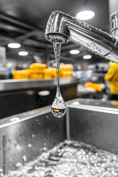 Fototapeta A dripping metal tap over a stainless steel sink, with one droplet captured mid-fall, emphasizing