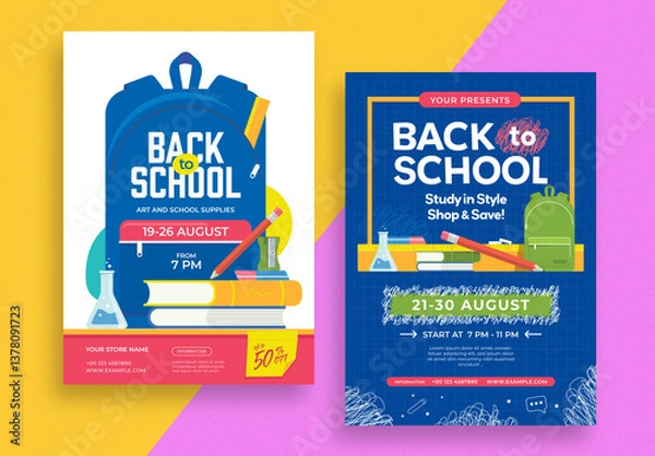 Fototapeta Back to School Event Flyer Layout with Backpack and Books