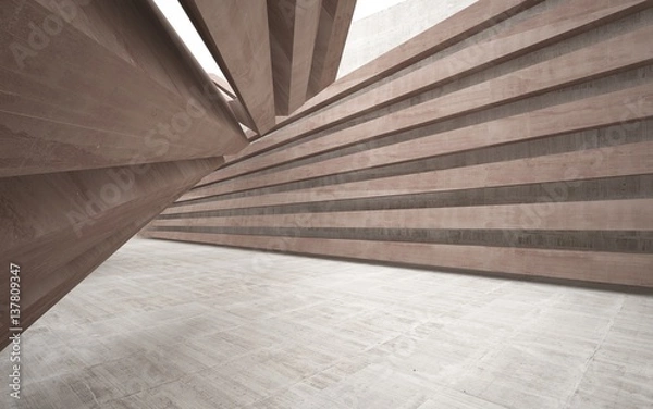 Fototapeta Abstract smooth brown concrete future interior with a large window. Architectural background.. 3D illustration. 3D rendering 