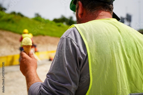 Fototapeta Construction worker holding an ice cream on a highway construction site, showcasing care for workers.