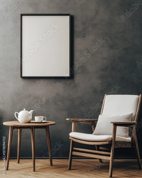 Fototapeta Minimalist interior with armchair, side table, and blank frame.
