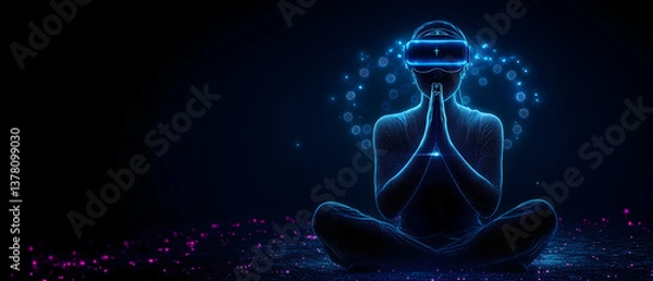 Obraz abstract, futuristic prayer concept; technology, virtual reality goggles & faith connected on abstact vision; new tech, digital background