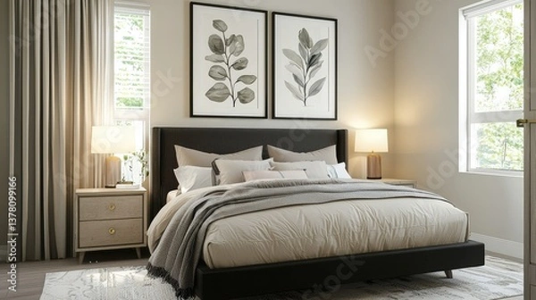 Fototapeta A sleek bedroom featuring a single, wide, black frame with an elegant botanical print above the bed, framed by soft, neutral decor.