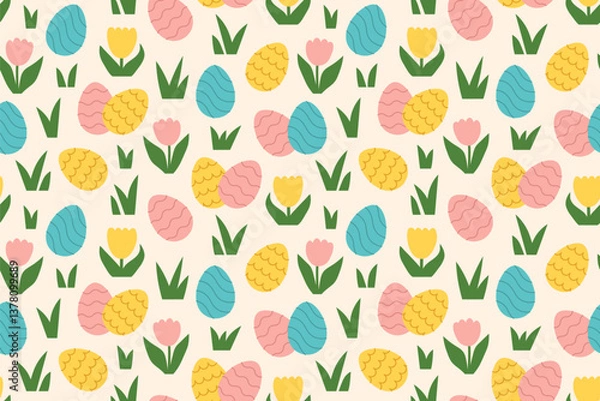 Fototapeta seamless pattern with colorful easter eggs in the grass; top view; concept of egg hunt which is a children game typically played during Easter- vector illustration