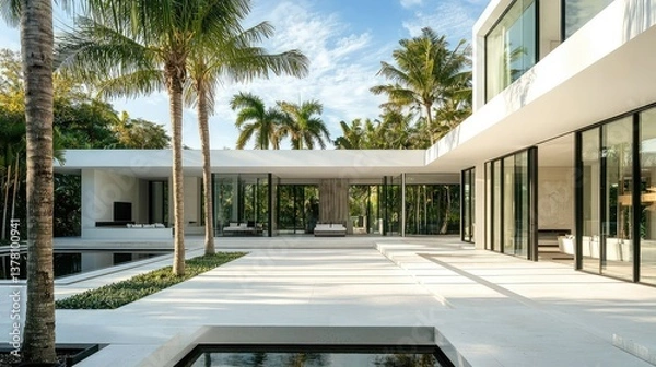 Obraz A sleek contemporary white villa with a minimalist design, large glass walls, palm trees, and a peaceful courtyard with a water feature