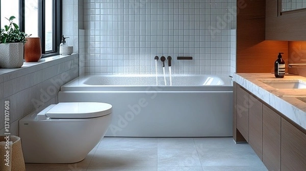 Fototapeta Water - wise Oasis: Modern Bathroom Showcasing Efficient Water - saving Fixtures
