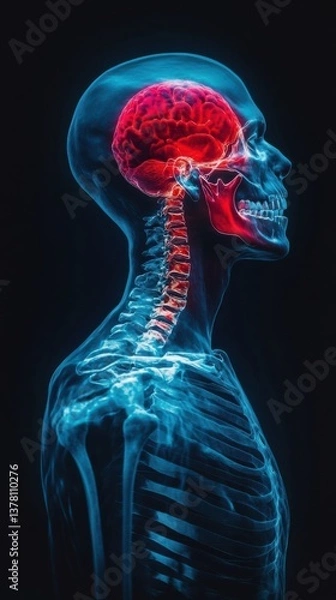 Fototapeta Futuristic x-ray style 3D rendering of a human skeleton in profile with a glowing red brain and detailed spine structure.