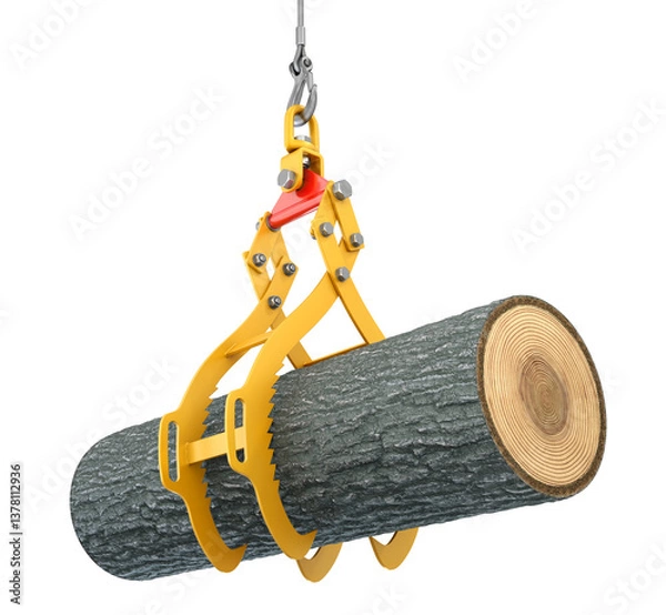Fototapeta Log lifting tongs isolated on white background holding oak tree - 3D illustration