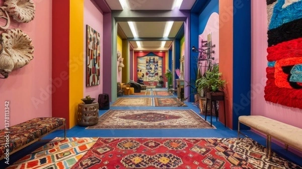 Fototapeta Vibrant hallway with colorful walls, patterned rugs, and eclectic decor showcasing an artful interior design.