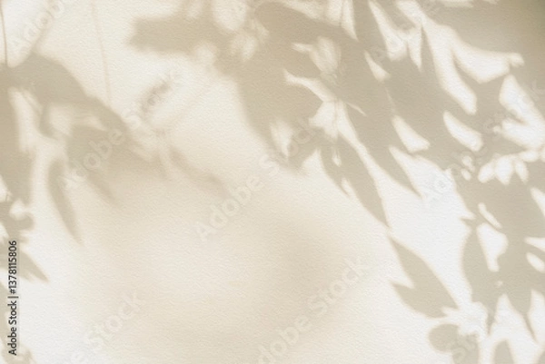 Fototapeta Leaf shadow and light on wall beige background. Nature tropical gray leaves plant and tree branch shade with sunlight on wall texture for background wallpaper and design, shadow overlay effect