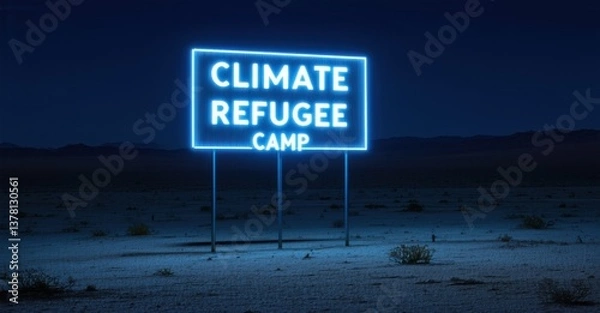Fototapeta Neon climate refugee camp sign glowing dimly on desertified landscape deep navy and bright silver symbolizing environmental collapse