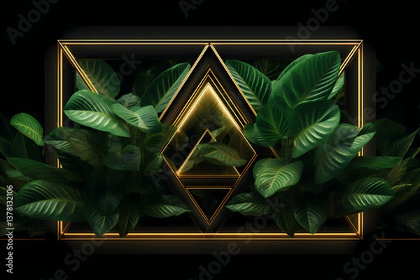 Fototapeta Orange neon frame on tropical leaves. Rectangular frame with green foliage on dark background. Design for print, banner, poster, wedding invitation, branding. Modern flat lay border with copy space.