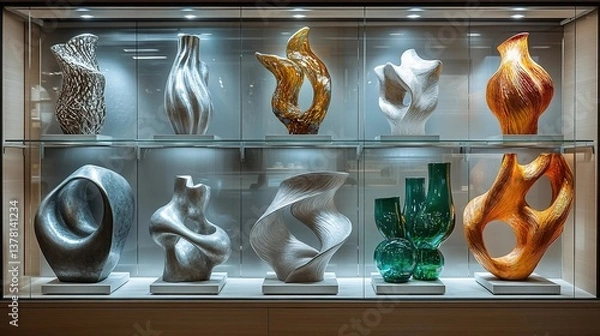 Fototapeta Recycled - Material Handicrafts in Display: Intricate Sculptures and Artistic Glass Vases