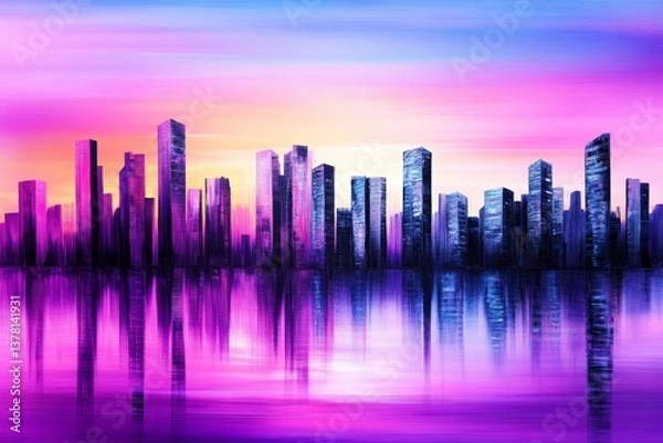 Fototapeta Cityscape Sunset Reflection - A vibrant cityscape at sunset, reflected in calm water. Symbolizing urban beauty, tranquility, modern life, reflection, and hope