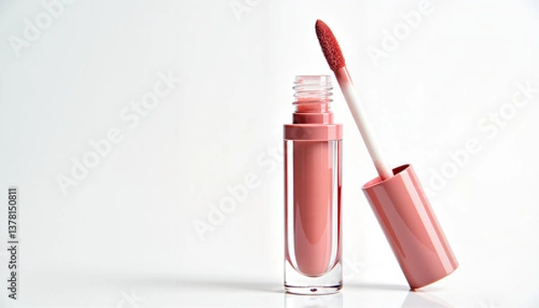 Fototapeta Open nude pink lip gloss with applicator on white background
