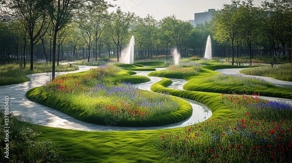 Fototapeta Earth Day Urban Retreat: Flower - adorned Walkways Leading to Serene Fountain - filled Lawns, Amidst Towering Trees and Open Skies