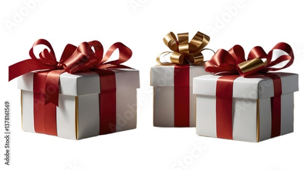 Fototapeta A collection of red and white gift wrapped presents with a red and gold transparent background.