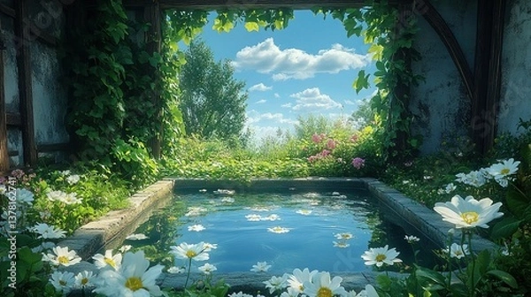 Fototapeta Charming Rainwater Collection Pool in Garden, Surrounded by Vines and Flowers