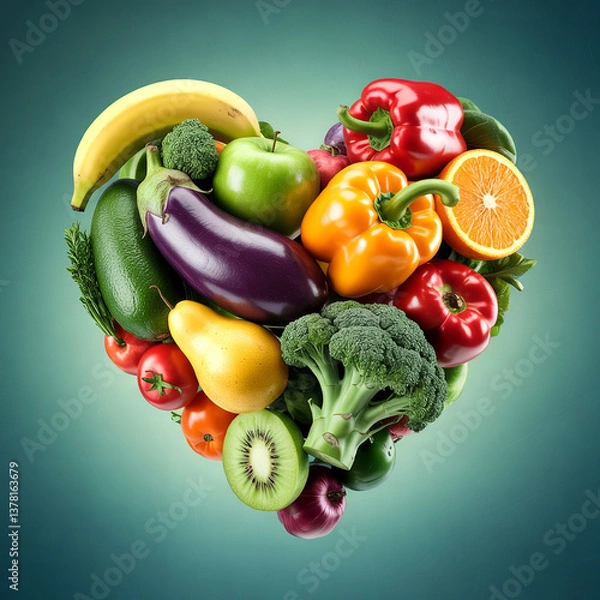 Obraz Heart-shaped arrangement, fresh fruits and vegetables, healthy eating, organic produce, balanced diet, nutrition concept, wellness, vibrant colors, food for heart health