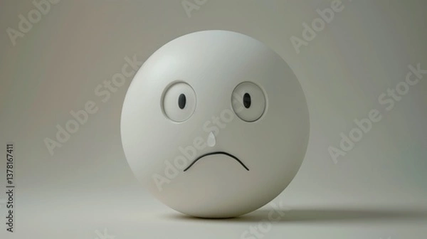 Fototapeta A sad face emoji with a small frown and teardrop, expressing sadness, neatly outlined on a white background.