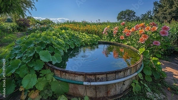 Fototapeta Rustic Rainwater Collection Tub in Garden, Nurturing Surrounding Flora