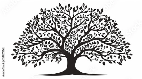 Fototapeta A silhouette tree clipart with intricate branches spreading widely, standing against a white background.
