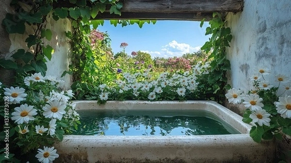 Fototapeta Quaint Rainwater Basin in Garden, with Vines and Flowering Plants