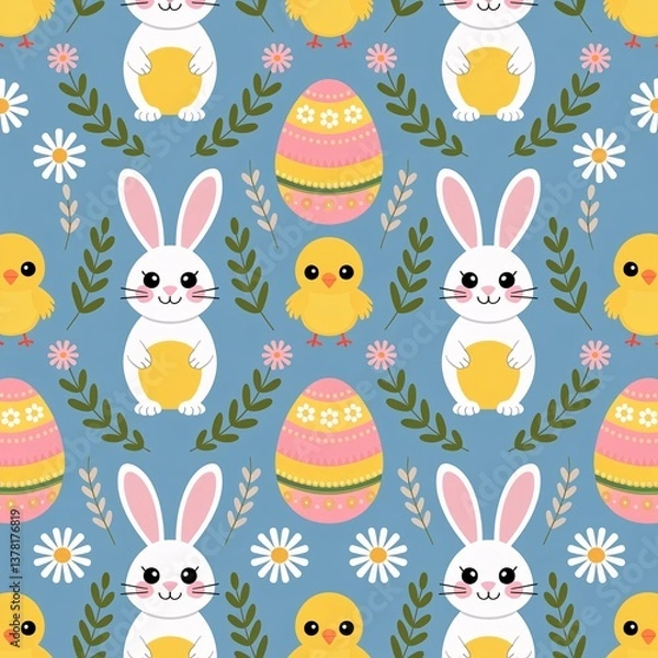Fototapeta This cheerful seamless pattern features adorable cartoon bunnies, chicks, and decorated Easter eggs, set against a light blue background