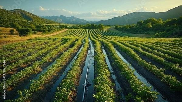 Fototapeta Efficient Drip Irrigation System in Rural Field, Ensuring Crop Growth