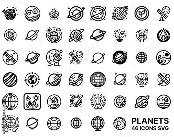 Obraz Planet and space exploration icons in clean black line style	