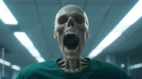 Obraz Skeleton model on display in a laboratory setting with bright fluorescent lighting and modern design elements