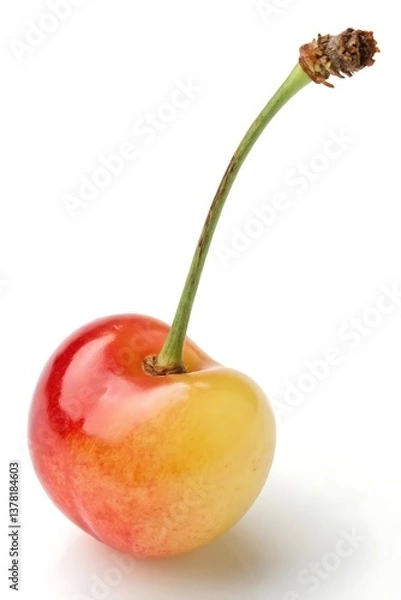 Fototapeta A vibrant Rainier cherry red and gold hues sits on a bright white background Clean studio shot