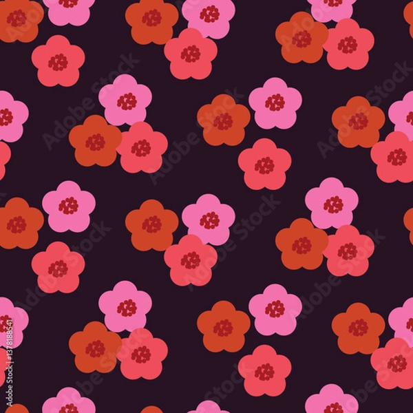 Obraz Retro bold floral vector vibrant pink red background. Surface pattern design in style of hippie. Vintage groovy daisy flowers in modern 60s, 70s, 80s style for textile, stationery, wrapping paper