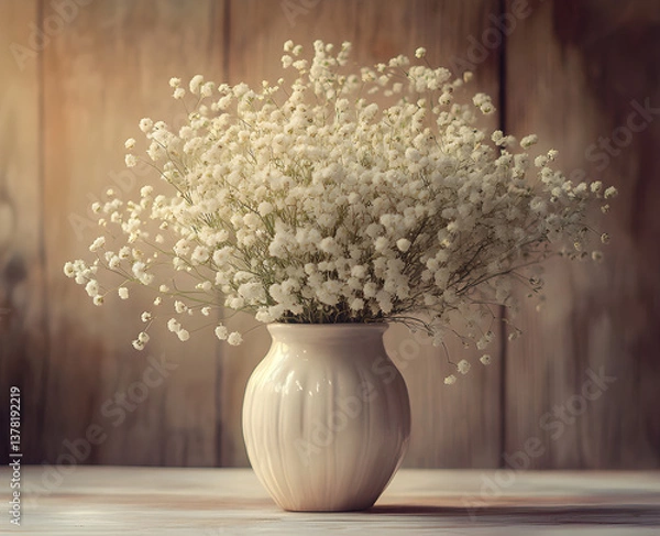 Fototapeta "White Baby’s Breath Flowers in Ceramic Vase – Rustic Floral Decor Stock Photo"