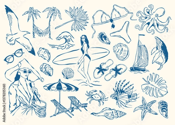 Fototapeta Minimal sketch style vector illustration collection. Travel doodles. Art for postcards, print posters, packaging design.	