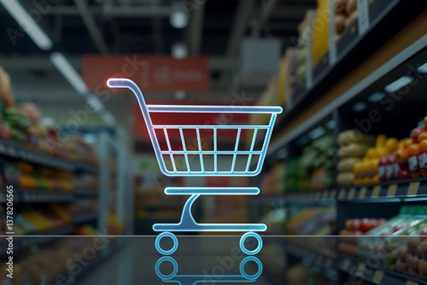 Fototapeta Glowing shopping cart symbol in a blurred grocery store aisle filled with shelves of colorful fresh produce and supermarket goods. Retail concept.