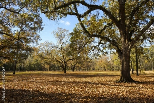 Fototapeta Pecan Orchard in Autumn A serene pecan orchard with golden leaves carpeting the ground and clusters of pecans hanging on branches