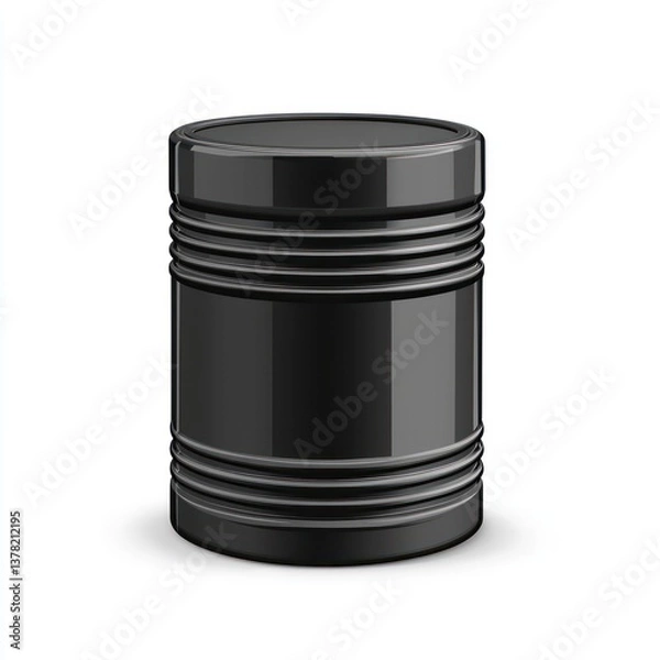 Fototapeta Black cylindrical container with smooth surface and horizontal grooves for industrial or commercial use, isolated on white background